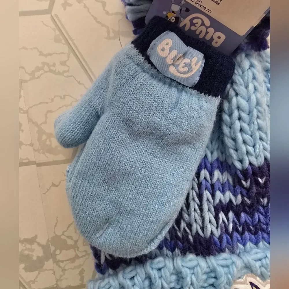 Bluey & Bingo Knit Toddler Beanie & Mittens Set 2T-5T Light Blue New w/ Tags